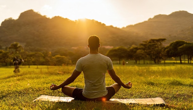 Männer praktizieren Yoga und meditieren auf dem Feld