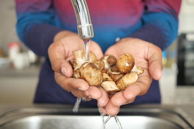 Männer reinigen den Pilz von Hand mit Wasser