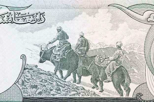 Männer reiten auf Yaks aus altem afghanischem Geld