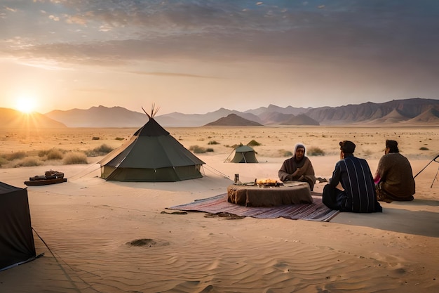 Männer sitzen in einer Wüste mit einem Tisch und einem Tisch mit einem Teller mit Essen und einer Flasche Bier.