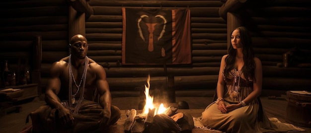 Männer sitzen um ein Feuer mit einem Herzbild drauf