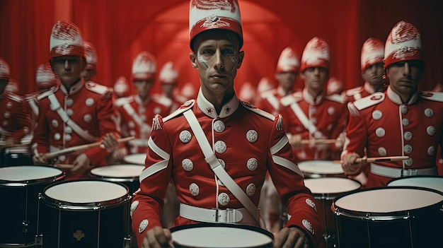 Foto männer spielen trommel in der rot-weißen uniform im stil einer nahaufnahme