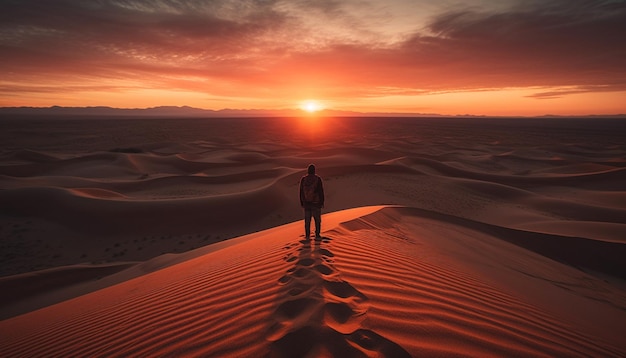 Männer stehen auf einer Sanddüne und bewundern den von KI erzeugten Sonnenuntergang