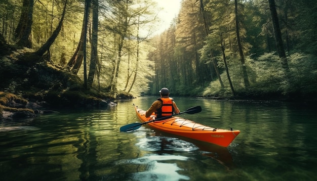 Männer und Frauen fahren Kanu im ruhigen Wald und genießen Abenteuer im Freien, erzeugt von künstlicher Intelligenz.