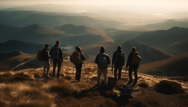 Foto männer und frauen wandern auf bergspitzen und genießen abenteuer in der natur, die durch künstliche intelligenz erzeugt werden