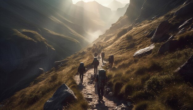 Männer und Frauen wandern bei Sonnenaufgang auf einem Berggipfel, erzeugt durch KI