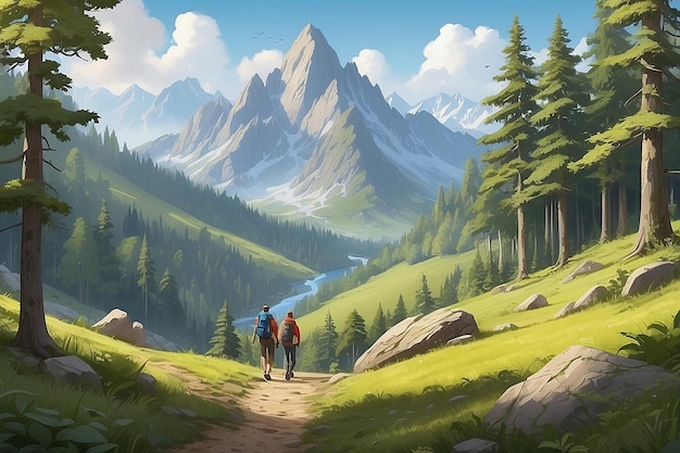 Männer wandern entlang idyllischer Berge und WälderIllustration