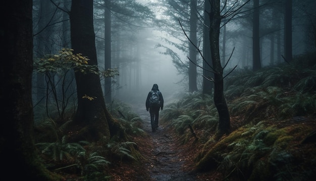 Männer wandern in einem dunklen Wald, ein von der KI erzeugtes Geheimnis umgibt sie