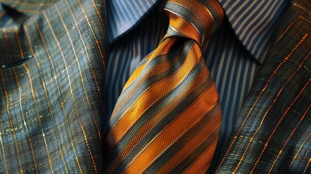 Männeranzugjacke und Krawatte Die Jacke ist dunkelblau mit einem schwachen gestreiften Muster und die Krawatte ist orange mit einem geometrischen Muster
