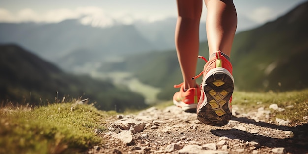 Männerbeine mit Sportschuhen und Rucksack laufen einen Bergpfad entlang