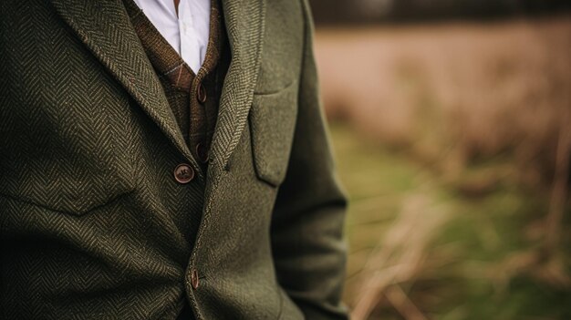 Foto männerbekleidung herbst-winterbekleidung und tweed-accessoires kollektion in der englischen landschaft mann mode stil klassischer gentleman-look