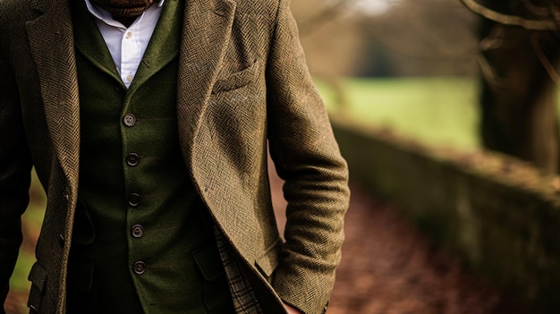 Männermode Herbst Winterkleidung und Tweed Accessoires Kollektion in der englischen Landschaft Mann Mode Stil klassischer Gentleman Look Inspiration