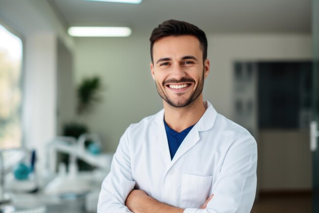 Männerporträt eines albanisch lächelnden Zahnarztes im Hintergrund einer Zahnarztpraxis