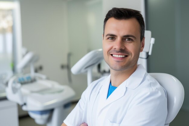 Foto männerporträt eines lächelnden albanischen zahnarztes im hintergrund einer zahnarztpraxis
