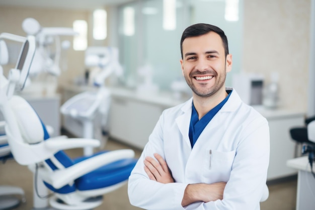 Männerporträt eines lächelnden armenischen Zahnarztes vor dem Hintergrund einer Zahnarztpraxis