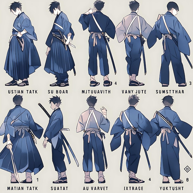 Foto männlich samurai-inspiriertes outfit japanische hochzeit tall indigo bl gemütliche märchen anime vintage konzept