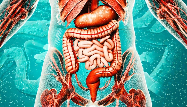 Foto männliche anatomie des darmsystems beim menschen 3d-rendering-konzept und medizinisches technologie-netzwerk