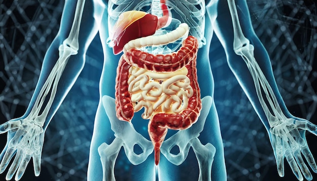 Männliche Anatomie des Darmsystems beim Menschen 3D-Rendering-Konzept und medizinisches Technologie-Netzwerk