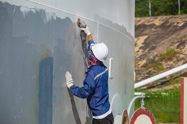 Männliche Arbeiter polieren Farbe Malerei Whites Tank zum Öl.