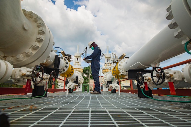 Männliche arbeiterinspektion an langen stahlrohren und rohrkrümmern in der stationsölfabrik während des raffinerieventils der visuellen kontrollaufzeichnung der pipeline-öl- und gasindustrie.