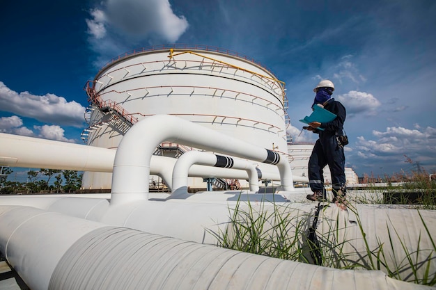 Männliche Arbeiterinspektion an langen Stahlrohren und Rohrkrümmern in der Tankölstation der Ölfabrik während der Raffinerieventil der visuellen Überprüfung der Aufzeichnung von Öl und Gas in der Pipeline