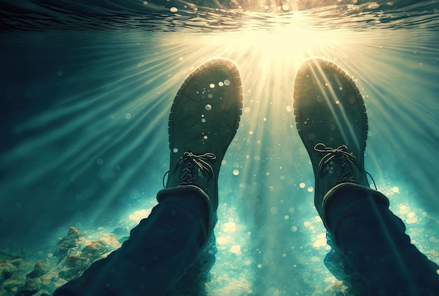 Männliche Füße in einem Paar auf einem Meeresboden, der von der unter Wasser aufgenommenen Sonne beleuchtet wird