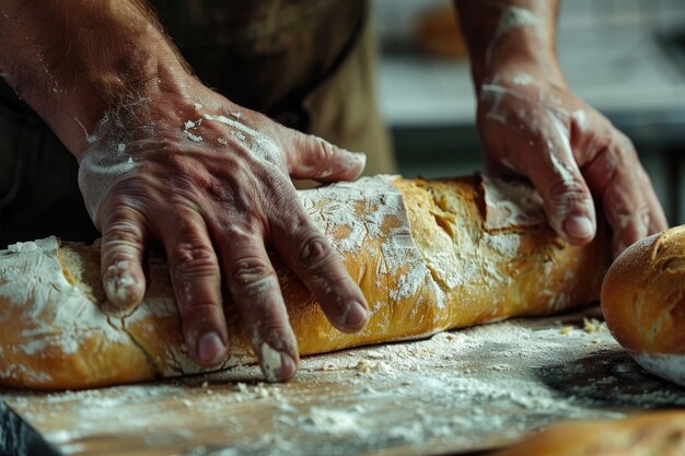 Männliche Hände brechen frisch gebackenes Brot in Nahaufnahme