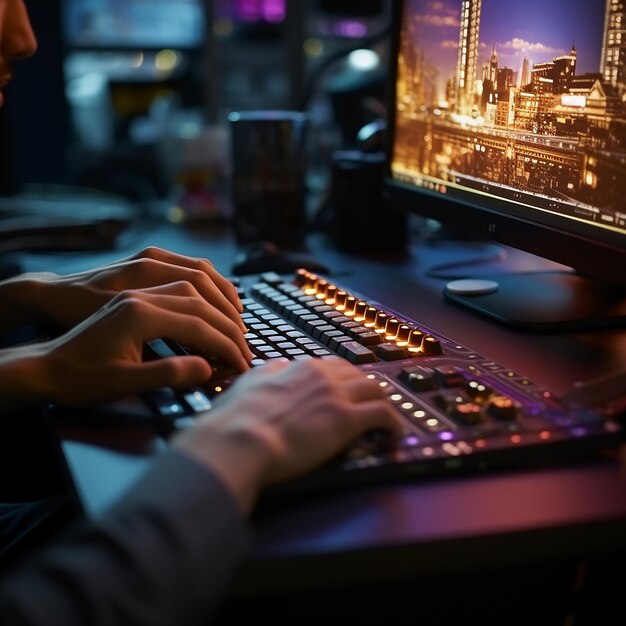 Männliche Hände in einem Büro, die auf einer Computer-Tastatur tippen