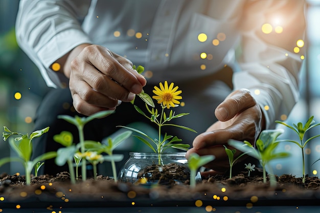 Männliche Hände kümmern sich um eine kleine blühende Blume