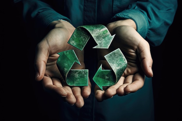 Männliche Hände mit grünem Recyclingsymbol Generative KI