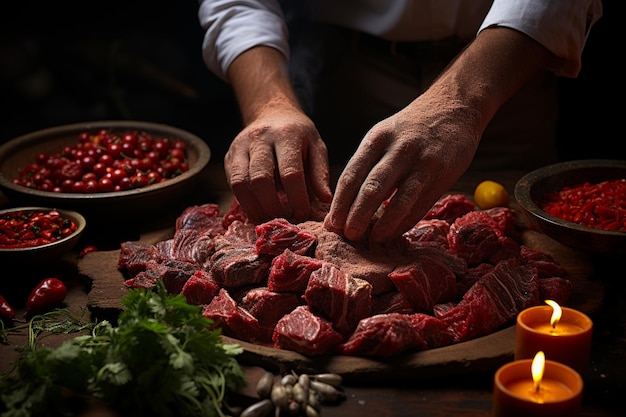 männliche Hände mit rohem Fleisch und Gemüse auf Holztisch