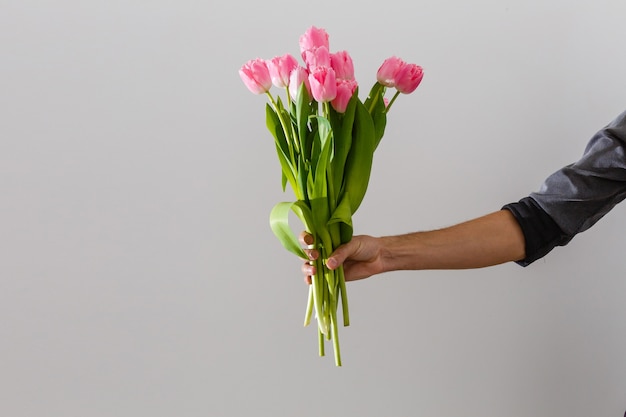 Männliche Hand, die schöne Tulpen auf weißem Hintergrund hält