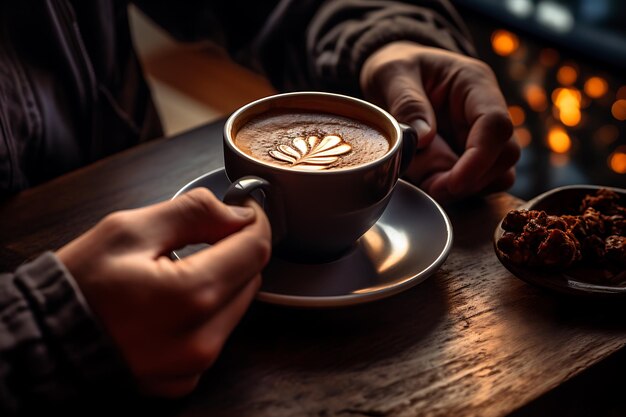 Männliche Hand hält Kaffee, hergestellt durch generative KI-Technologie