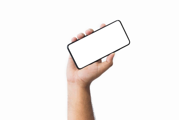 Männliche Hand hält schwarzes Smartphone mit leerem Bildschirm und modernem rahmenlosem Design, zwei Positionen, abgewinkelter Kopierraum, isoliert auf weißem Hintergrund, Nahaufnahme, Hand eines Mannes hält Mobiltelefon, Platz für Text