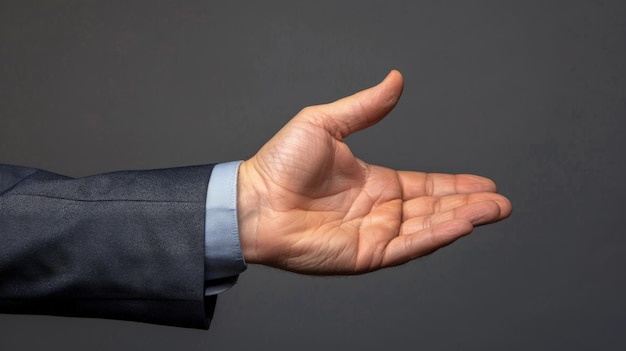 Männliche Hand in einem Anzug zeigt eine Handfläche nach oben auf einem grauen Hintergrund Konzept der Anfrage Konkurs Nahaufnahme