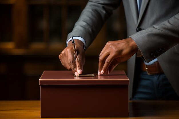 Männliche Hand legt Stimmzettel in die Wahlurne. Wahlkonzept