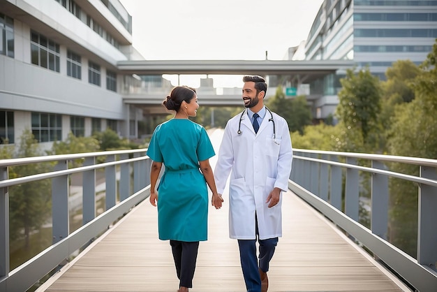 Männliche und weibliche medizinische Fachkräfte gehen auf der Brücke, die zum Krankenhaus führt