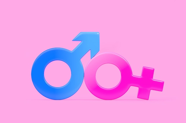 Männliche und weibliche Symbole auf leuchtend rosa Hintergrund in Pastellfarben. Sexuelle Symbole 3D-Rendering