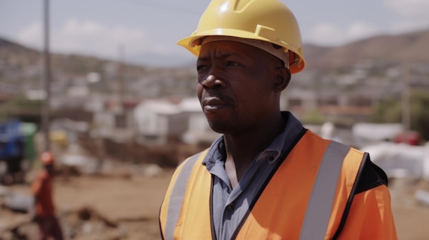 Männlicher afrikanischer Bauingenieur der 30er Jahre mit entschlossenem Gesicht auf der Baustelle Generative AI AIG21