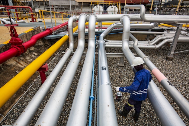 Männlicher Arbeiter am Pipeline-Ölflussventil grau lackiert