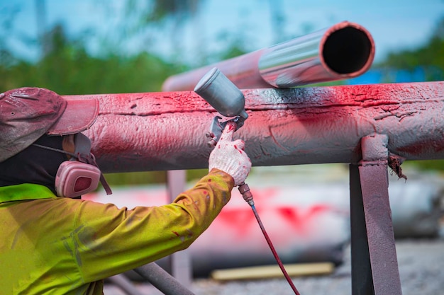 Männlicher Arbeiter, der eine Spritzpistole in Industriegröße hält, die für die Rohrleitungsoberfläche auf der industriellen Lackierung und Beschichtung von Stahl verwendet wird