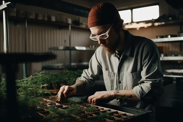 Foto männlicher arbeiter im gewächshaus mit medizinischen cannabis-marihuana-büschen. legales kommerzielles hanfanbauunternehmen. generative ki