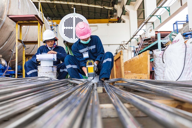 Männlicher Arbeiter inspiziert Oberfläche auf Wärmetauscherrohrbündel Industriebaulager positiv