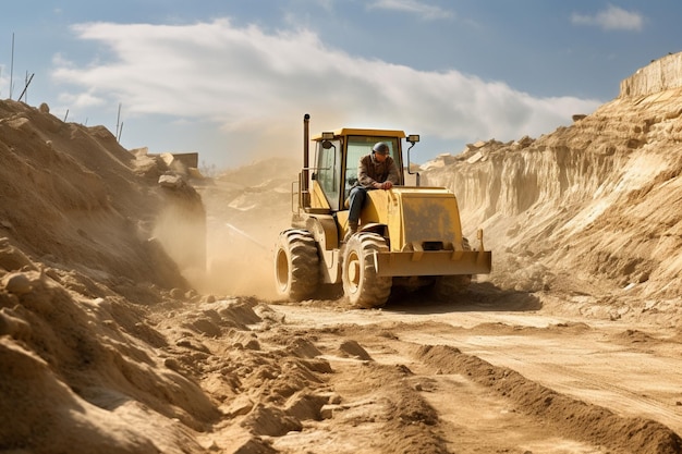 männlicher Arbeiter mit Bulldozer in einem Sandbrüche
