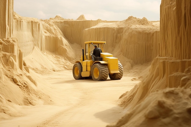 männlicher Arbeiter mit Bulldozer in einem Sandbrüche