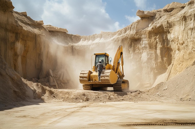 männlicher Arbeiter mit Bulldozer in einem Sandbrüche