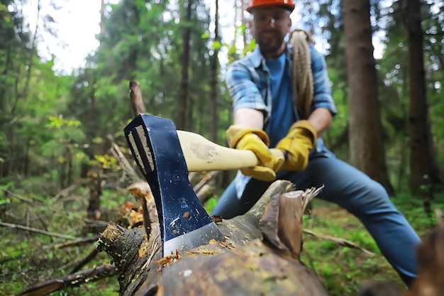 Männlicher Arbeiter mit einer Axt, die einen Baum im Wald hackt.