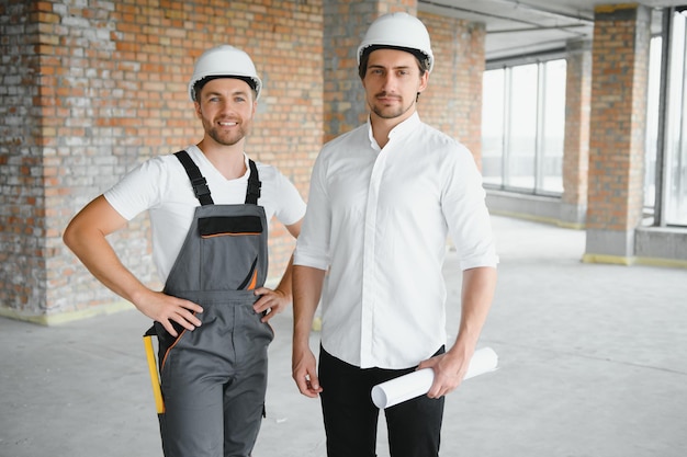 Männlicher Architekt, der seinem Vorarbeiter auf der Baustelle Anweisungen erteilt