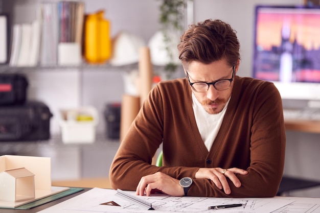 Männlicher Architekt im Büro arbeitet am Schreibtisch mit Holzmodell des Gebäudes