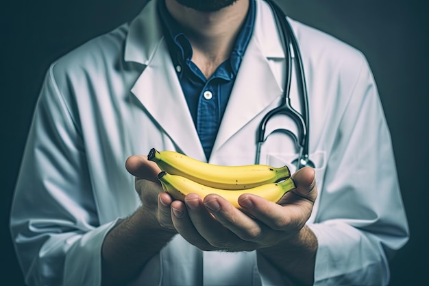 Männlicher Arzt begrüßt Bananen als gesunden und praktischen Snack